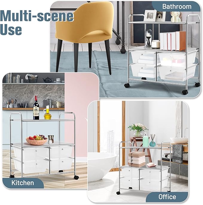 COSTWAY 4-Drawer Storage Cart, Mobile Storage Organizer w/Steel Frame & 360° Wheels, 4-Drawer Utility Cart for Living Room, Kitchen, Bathroom & Office (Clear)