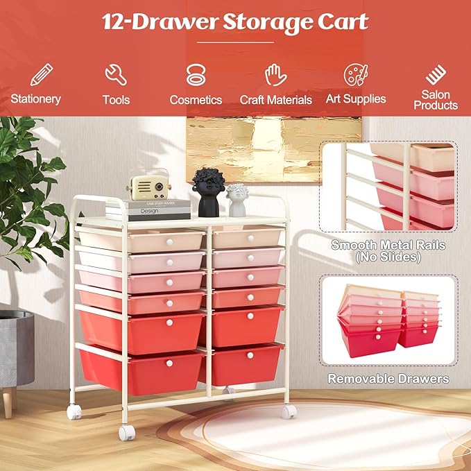 COSTWAY 12-Drawer Rolling Storage Cart, Moveable Art Craft Organizer W/Lockable Wheels, Metal Shelf, Files Arrangement Tools Makeup Storage Cart for Office, Home, School, Mixed Pink