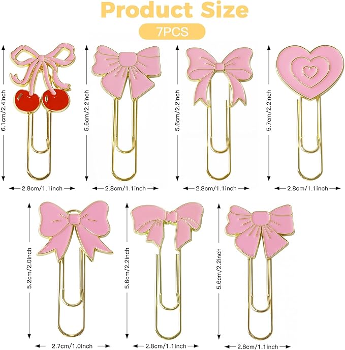 7 PCS Bow Paper Clips Metal Paperclip Large Size Paper Clip Cute Bookmark Colorful Office Supplies Present for Teacher & Students, for Office Home Supplies Gifts Wedding Decoration