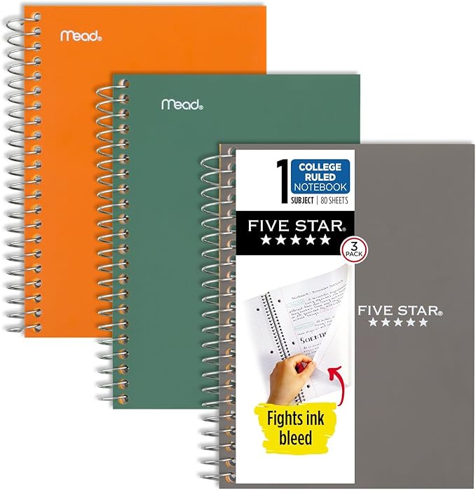 Five Star Spiral Notebooks, 3 Pack, 1 Subject, College Ruled Paper, 7" x 4-3/8", Personal Size, 80 Sheets, Green, Orange, Gray (450048D-ECM)