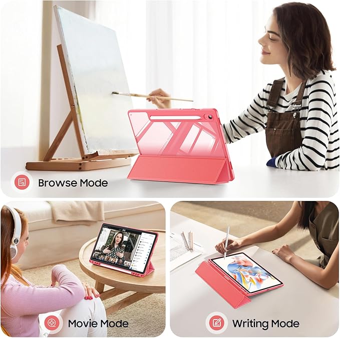 Fintie Hybrid Slim Case for Samsung Galaxy Tab S10 Lite/ S10 FE/ S9 FE 10.9 Inch/Tab S9 11 Inch with S Pen Holder, Shockproof Cover with Clear Transparent Back Shell, Auto Wake/Sleep, Watermelon Red