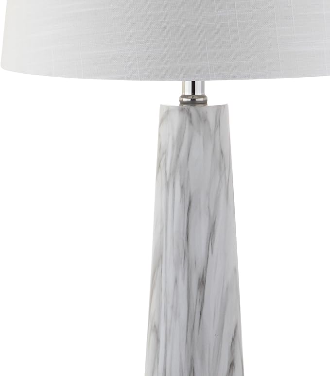 JONATHAN Y 29" White/Black Faux Marble Resin Table Lamp, Modern Glam Bedside Nightstand Lamp for Living Room, White Linen Drum Shade, UL Listed, LED Bulb Included JYL1002A