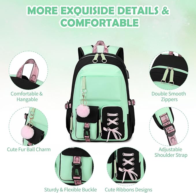 Backpacks for Girls, Girls Backpack with Lunch Box and Pencil Case for Teen Kids Elementary Middle High School College Student, Children Backpack Bookbag with USB Charging Port (Black Green)