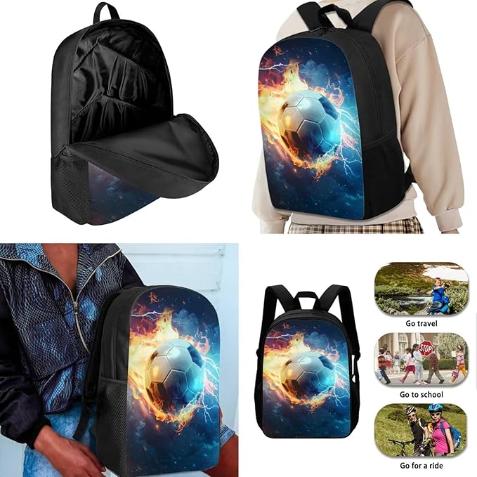 Fire Soccer Elementary Backpack Set for Boys, Large Boys Book Bag Teenage Backpacks for Boys Elementary Middle High School with Lunch Bag Pencil Case, Back to School Supplies, Blue