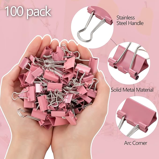 Binder Clip Paper Clamps, Assorted Sizes (Mini, Small, Medium, Large), 100 Pcs Clips for Office School Supplies (Pink)