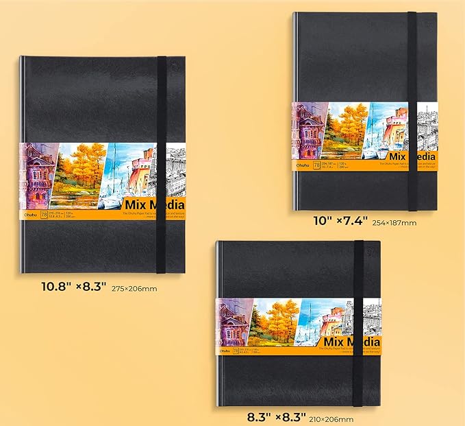 Ohuhu Mix Media Pad - 10.8"x8.3" Mixed Media Art Sketchbook, 120 lb/200 gsm Heavyweight Papers, 78 Sheets/156 Pages, PU Hardcover Mixed Media Paper Pad for Acrylic Painting Christmas Gift