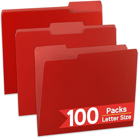 100 Packs Red File Folder,1/3-Cut Tabs,File Folders Letter Size,8.5x11 File Folders for Office,School and Home,Organizer Documents