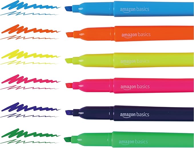 Amazon Basics Chisel Tip Highlighters, Fluorescent Ink, Vibrant Assorted Colors, School Supplies, 12-Pack