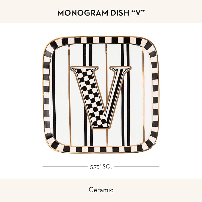 MACKENZIE-CHILDS Monogram Dish, Decorative Ceramic Letter Plate, 5 3/4" Square, V