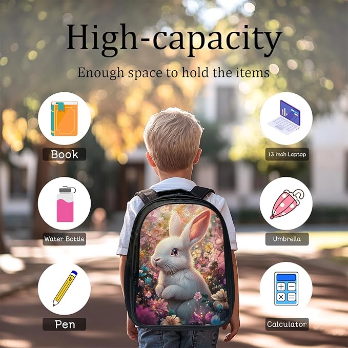 Rabbit Flower Backpack Set 3 Piece School Bags and Lunch Box with Pencil Case Rabbit Floral Animal Bookbag Set For Toddler Kids Girls Boys Teens Kindergarten Elementary Middle