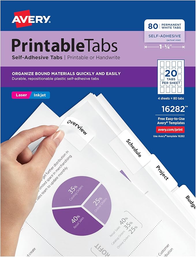 Avery Printable Self-Adhesive Plastic Tabs, 1-3/4", Repositionable Adhesive, White, Pack of 80 (16282)