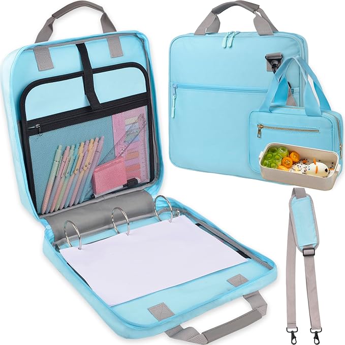 ChezMax Zipper Binder 3 Ring with Lunch Box - Zipper Binder Organizer Bag with Shoulder Strap & Handle, 2 Inch O Ring Binder, Large 500 Sheet Capacity & Multi-Pocket Binder Bag Organizer, Blue