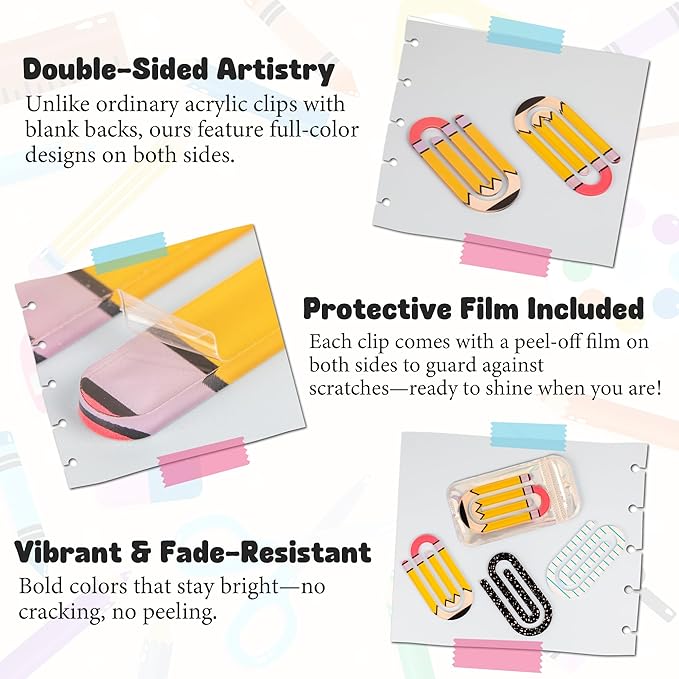 24 Pack Jumbo Acrylic Paper Clips, 4" X 2" 12Pcs Teacher Paper Clips with 12Pcs Gift Bags Personalized Paperclips Bookmark for Home Office Back to School Supplies (Pencil,Notebook,Eraser)