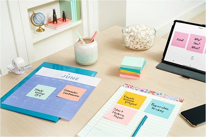 Post-it Notes, 3 in x 3 in, 4 Sticky Note Pads, 50 Sheets per Pad, Beachside Café Collection, New Year Organization or Second Semester School Supplies