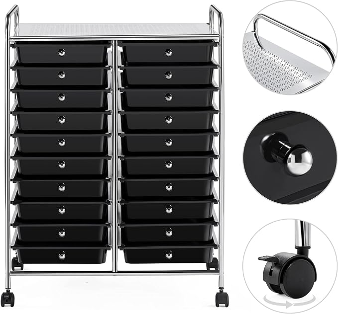 Yaheetech 20 Drawers Rolling Storage Cart Multipurpose Movable Organizer Cart Tools Scrapbook Paper Organizer on Wheels, Black