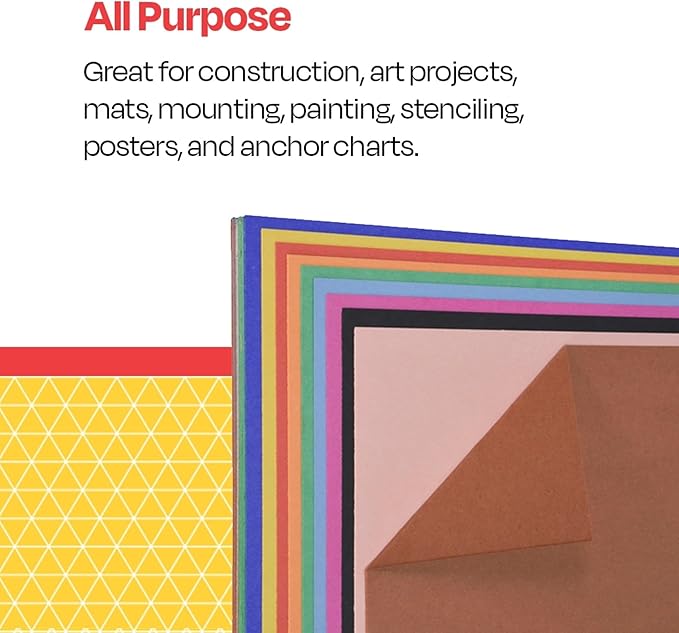 School Smart Railroad Poster Board Paper, 22 x 28 Inches, 4-Ply, Assorted Colors, Pack of 100