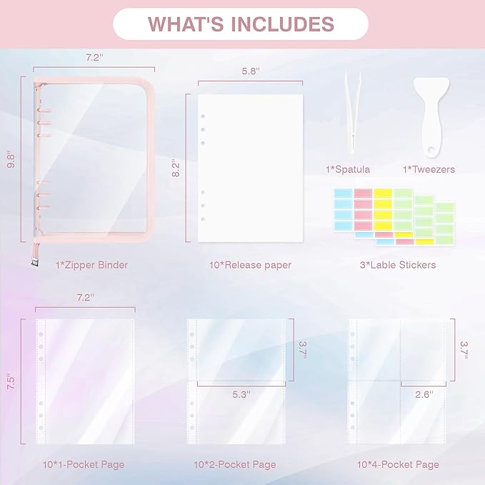 Ospelelf Reusable Sticker Book Organizer Mini Zippered 6 Ring Binder for Collecting, Includes Transparent Pockets, Release Paper, Essential for Scrapbook Planner Enthusiasts, Pink