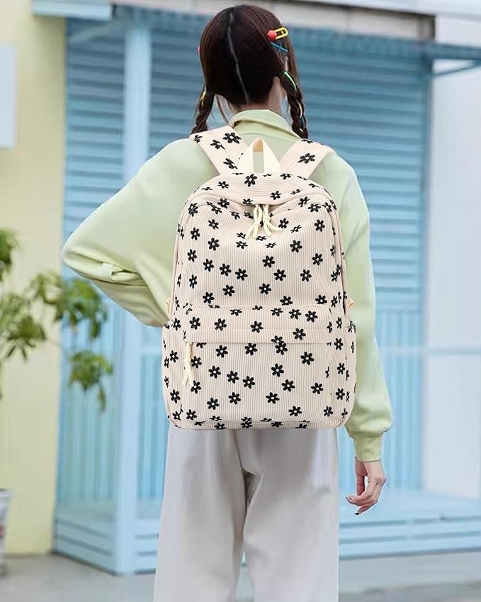 Backpack for Girls Boy Teen Corduroy Bookbags Elementary Middle High School Women Laptop Bag with Lunch Box Pencil Bag (Flower Black)
