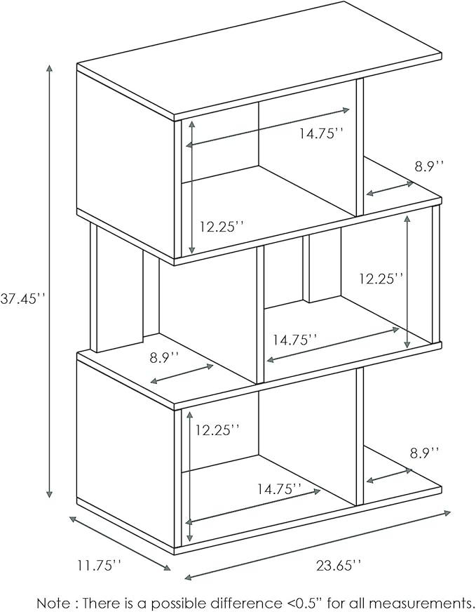 Furinno SIMPLY Book Shelf, 3-Tier Geometric Bookshelf, S-Shape Bookcase with Open Shelf, 11.8" x 23.6" x 37.3", for Organization and Storage, for Living Reoom, Bedroom, Home Office, Espresso