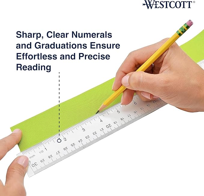 Westcott Acrylic Clear Ruler, Easy-to-Read Markings, Scratch-Resistant Design, Raised Beveled Edges, for Crafting, Office, Classroom, Back to School, School Supplies, 12-Inch