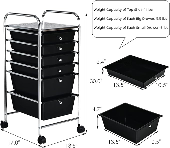 COSTWAY 6-Drawer Rolling Storage Cart, Multifunctional Art Craft Tools Organizer on Wheels, Heavy Duty Utility Mobile Storage Trolley w/ 2 Lockable Wheels for Home Office School (Black)