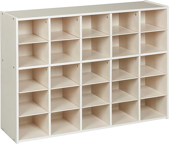 ECR4Kids Streamline 25 Cubby Tray Storage Cabinet, 5x5, Classroom Furniture, White Wash