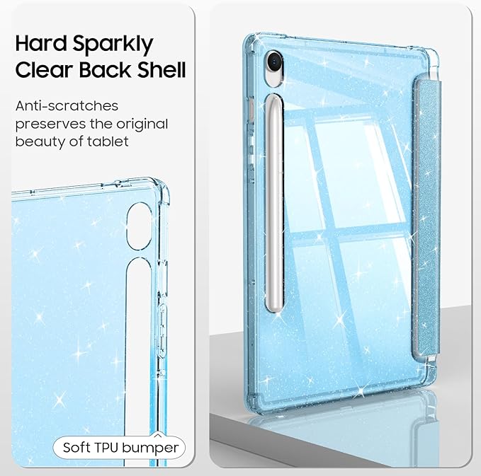 Fintie Slim Case for Samsung Galaxy Tab S10 Lite/ S10 FE/ S9 FE 5G 10.9 Inch/Tab S9 11 Inch with S Pen Holder, Glittering Sparkly Shockproof Cover with Shiny Clear Back Shell, Auto Wake/Sleep, Blue