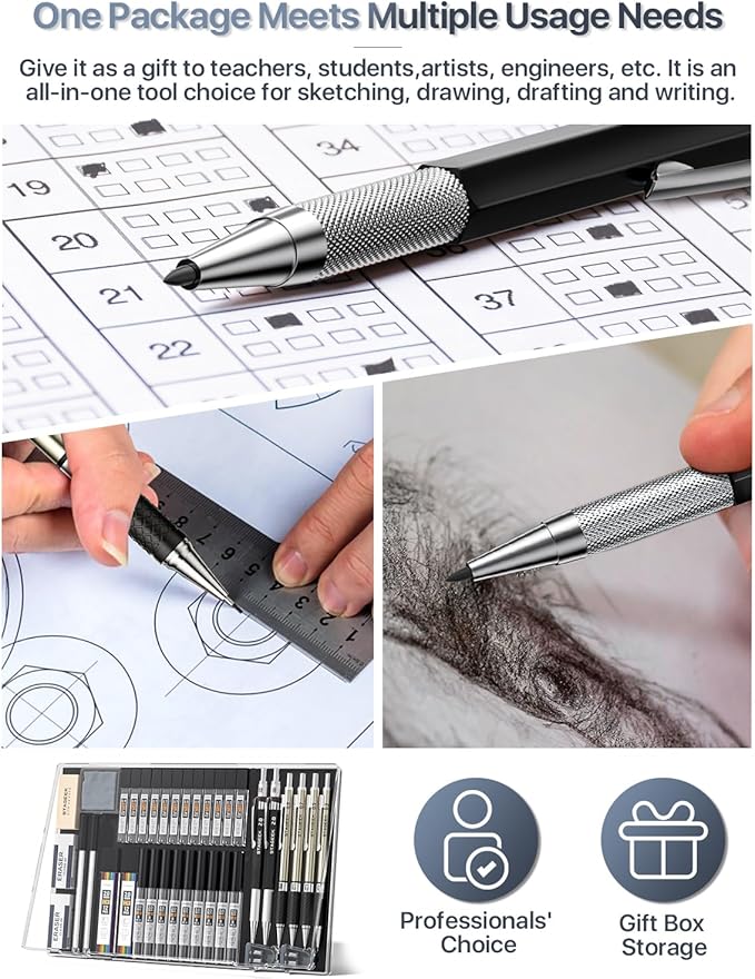 Mechanical Pencil Set with Case 37 Count, Drawing Pencils 0.3, 0.5, 0.7, 0.9MM & 2PCS 2MM Sketching Pencils with 492PCS Lead Refills (6B 4B 2B HB 2H 4H Color) for Artist Drafting Drawing
