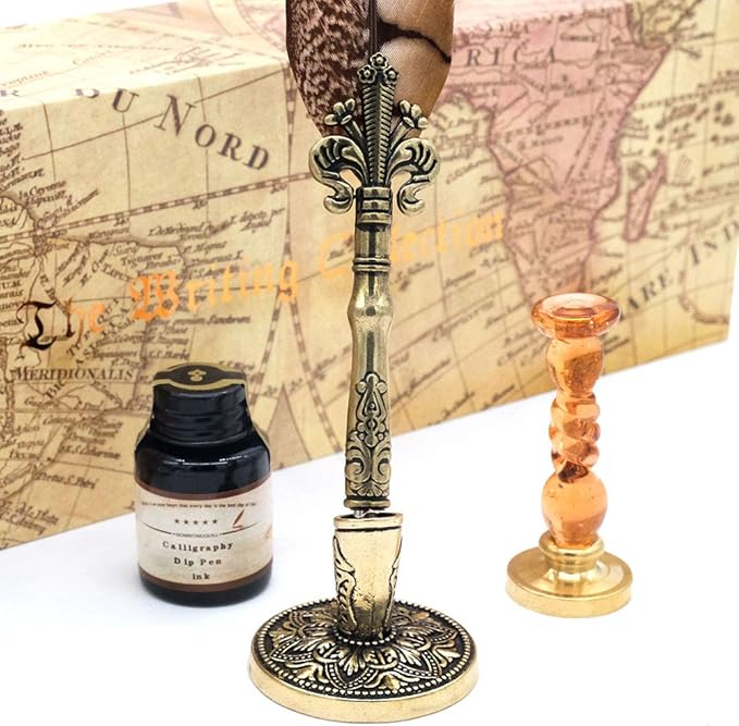 GC QUILL Antique Quill Pen Unique Half-Patterned Feather Pen Set with 6 Nibs 1 Bottle of Ink 1 Seal Stamp 1 Pen Holder 1 Sealing Wax LL-149