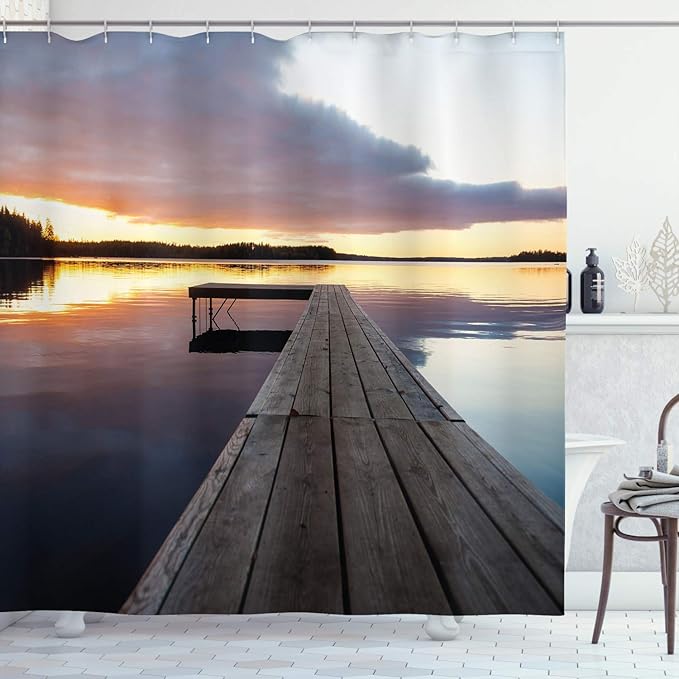 Ambesonne Landscape Shower Curtain, Serenity Relaxing Themed Port Pier Wooden Rustic Image of Dawn Sunset in Lake Art, Cloth Fabric Bathroom Decor Set Hooks, 69" W x 84" L, Multicolor Indigo Pale Blue