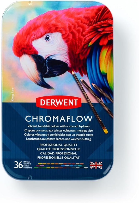 Derwent Chromaflow Colored Pencils 36 Tin, Set of 36, 4mm Wide Core, Multicolor, Smooth Texture, Art Supplies for Drawing, Blending, Sketching, Adult Coloring, Premier, Professional Quality (2306012)