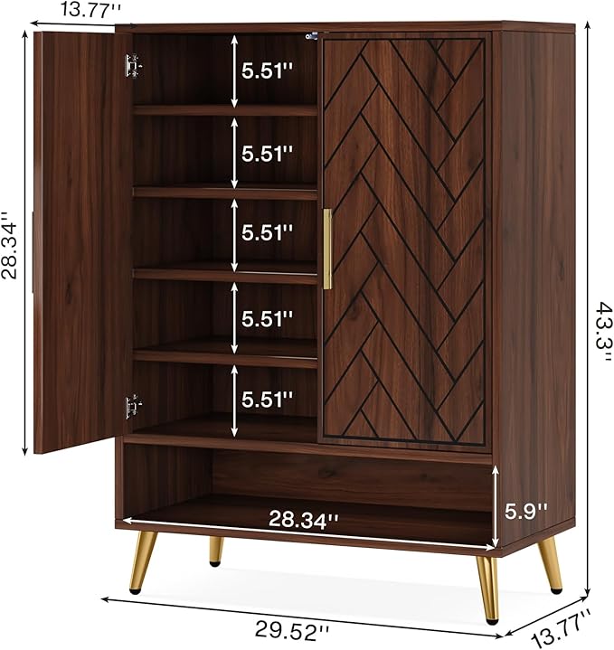 Tribesigns Entryway Shoe Cabinet with Doors, 6-Tier 24 Pairs Wooden Shoe Storage with Adjustable Shelves and Gold Legs for Living Room, Bedroom (Walnut)