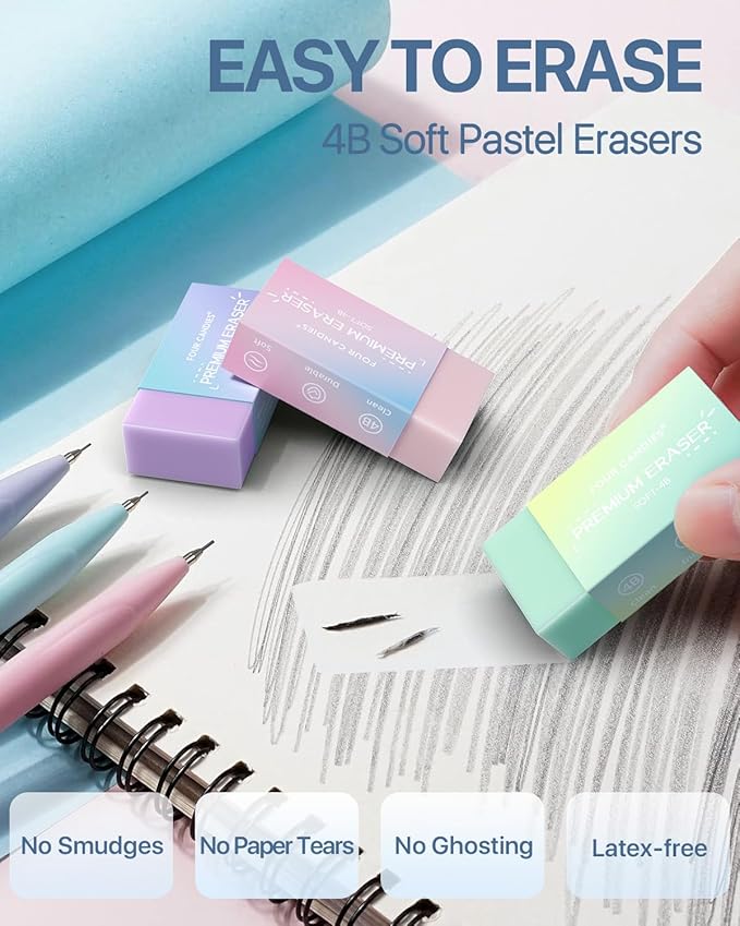 Four Candies Mechanical Pencil Set, with 0.5 & 0.7mm Lead Refills (HB & 2B), Pastel Erasers & Eraser Refills, 29-Count Pack with Case, Cute Aesthetic School Supplies for Writing, Drawing, Sketching