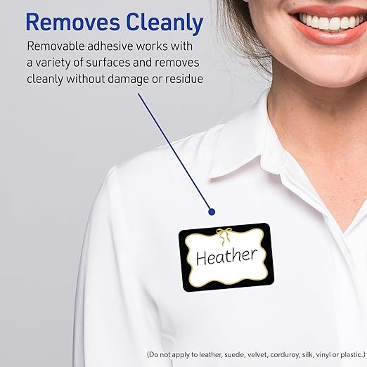 Avery Printable Adhesive Name Badges, 2-1/3" x 3-3/8", Pre-Printed Black Border with Metallic Gold Bow Design, Matte White, Laser & Inkjet Compatible, 80 Total