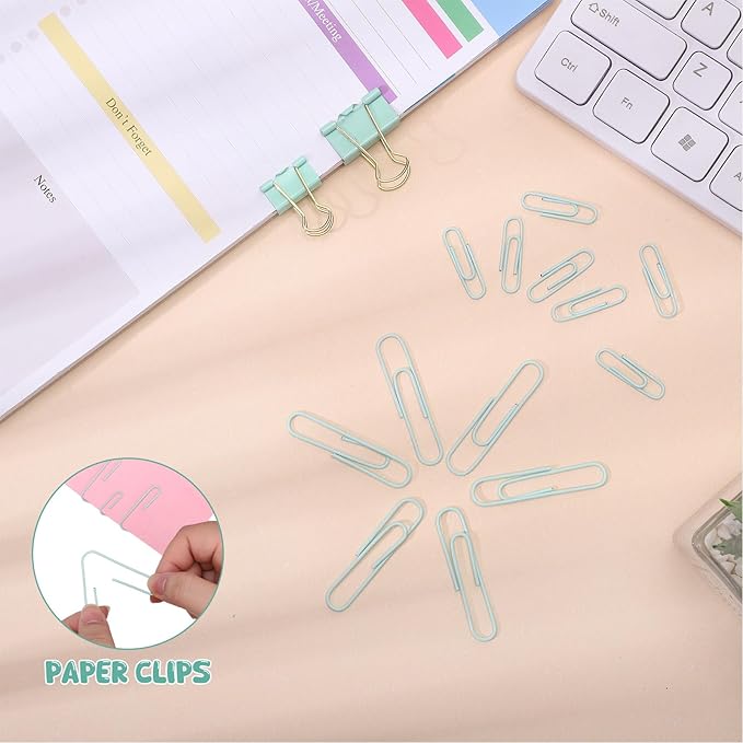 350 Pcs Paper Clips Binder Clip Assorted Sizes, Macaron Green Paper Clamps Office Clips Set Paperclips Rubber Bands Push Pins for Office and School Supplies