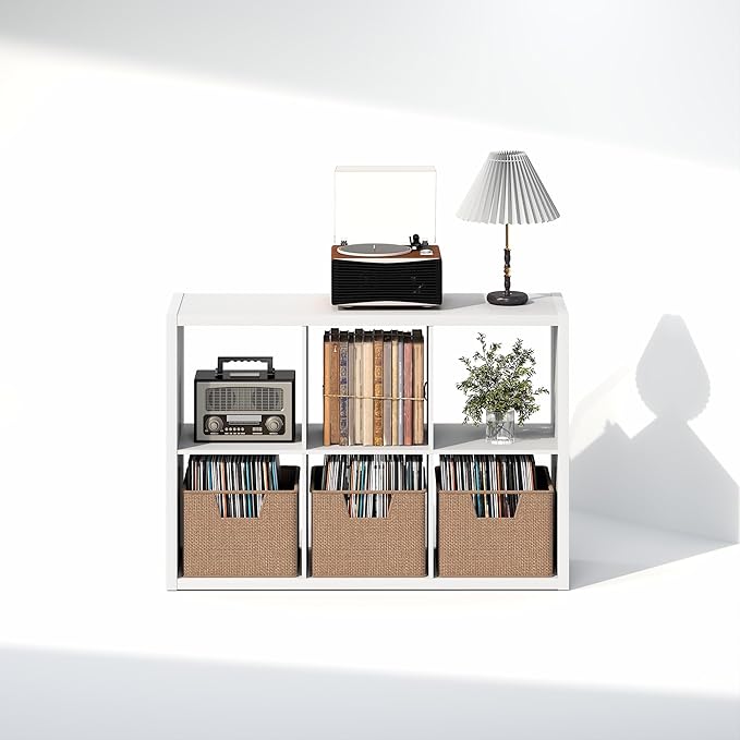 Furinno Cubicle Record Player Stand with Vinyl Storage, 6-Cube 1.2 Extra Thick Vinyl Record Storage, Open Back Media Shelf for CD DVD Blueray Game Disc, for Living Room, Home Office, White