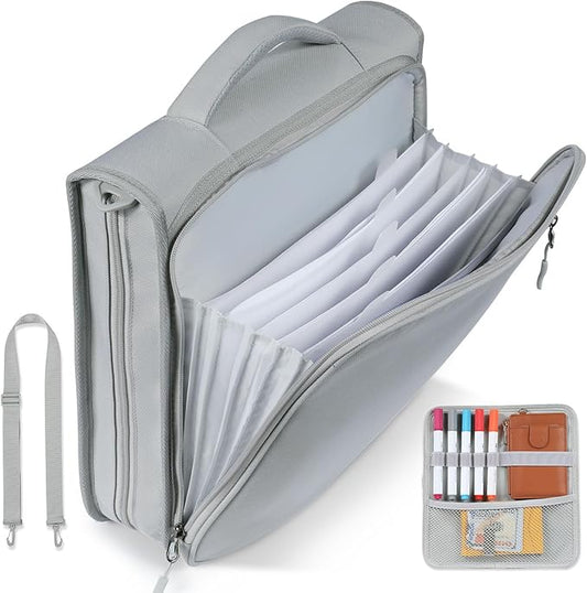 2 Inch 3 Ring Zipper Binder with Multi-Pocket, 6-Tab Expandable File Folder, Fits 14” Laptop, Zipper Bag Fits 500 Sheet Capacity with Handle & Shoulder Strap(Grey)