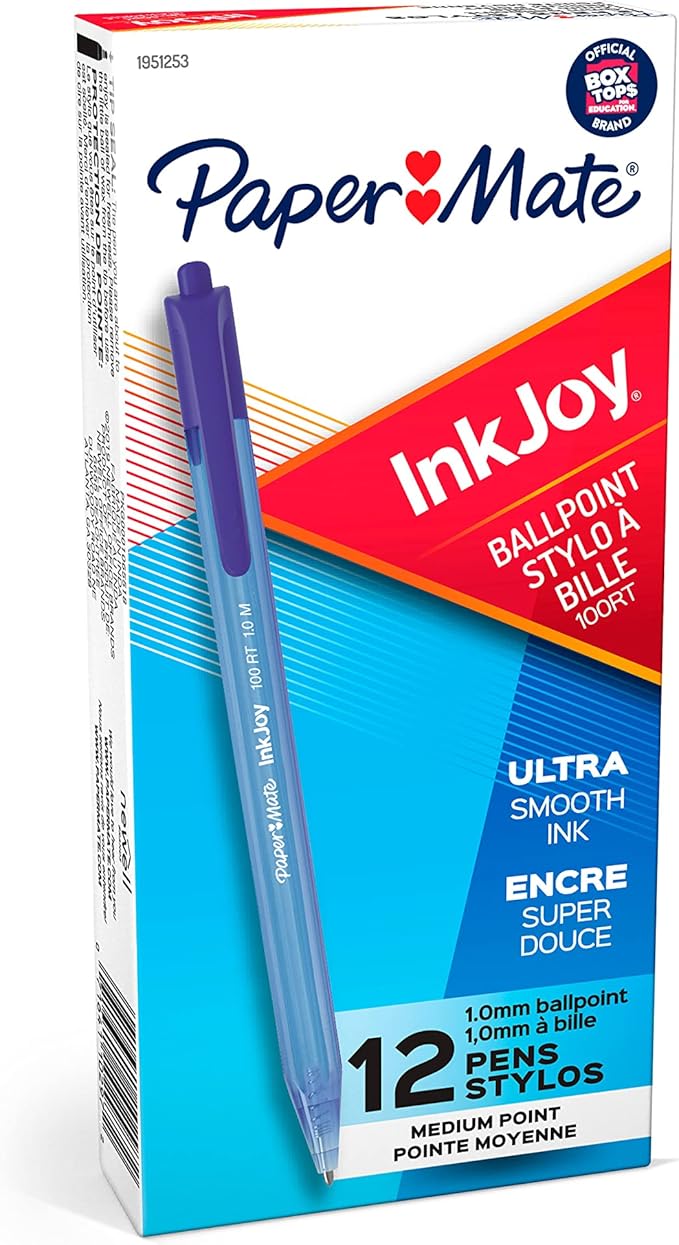 Paper Mate InkJoy 100RT Retractable Ballpoint Pens, Medium Point, Blue, Box of 12