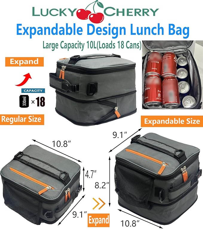 Expandable(18cans) Lunch Box Insulated Lunch bag for Men Kids Boys Teens Adult Portable Stylish Small Lunchbox With Shoulder Strap for Working Office school Picnic