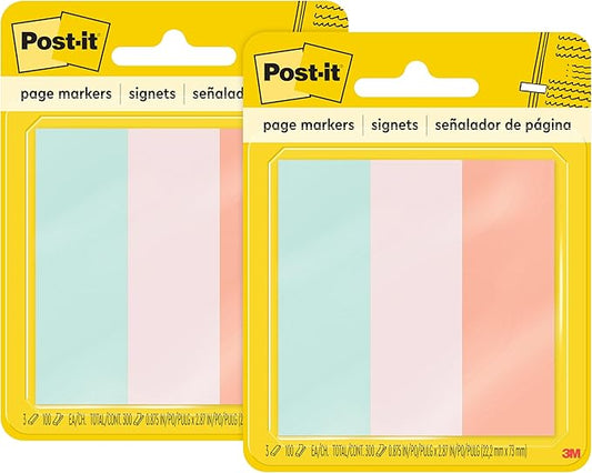 Post-it Page Markers, 1 in x 3 in, Ideal for Temporary Marking and Noting in Books, Assorted Colors, 100 Sheets/Pad, 3 Pads/Pack (5487) (Pack of 2)