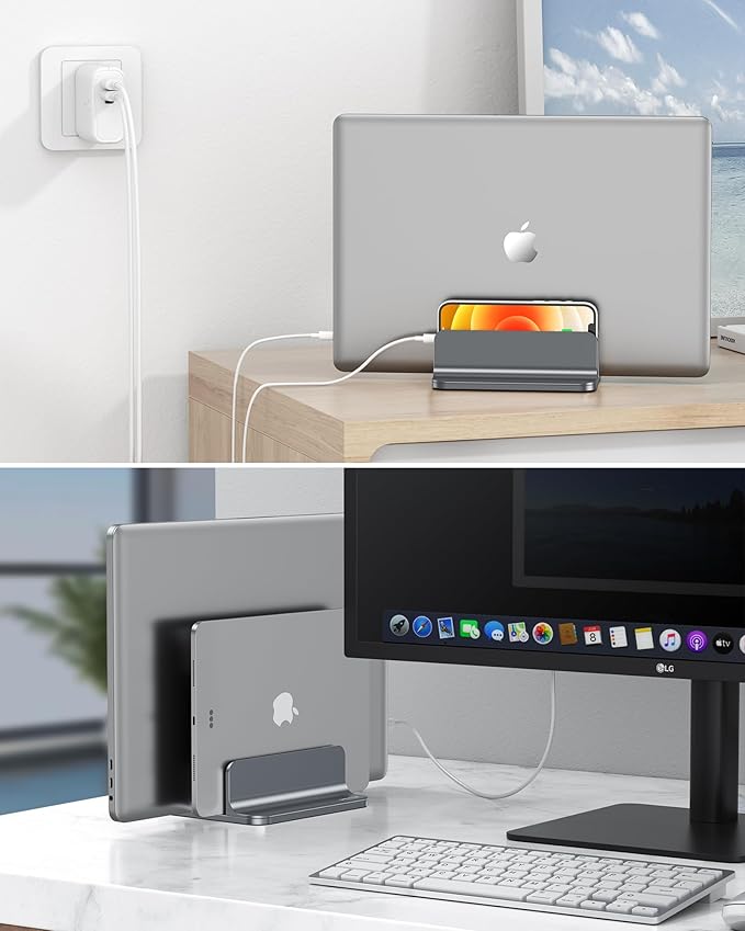 OMOTON Vertical Laptop Stand [Updated Double Version], Desktop Aluminum MacBook Stand with Adjustable Dock Size, Fits All MacBook, Surface, Chrome Book and Gaming Laptops (Up to 17.3 inch) (Grey)