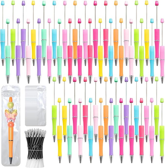 300 Pieces DIY Beadable Pen Kit – 100 Plastic Ballpoint Pens with Refills & Bags – School Supplies, Office Accessories & Decorative Items for Students & Teachers (Candy color)