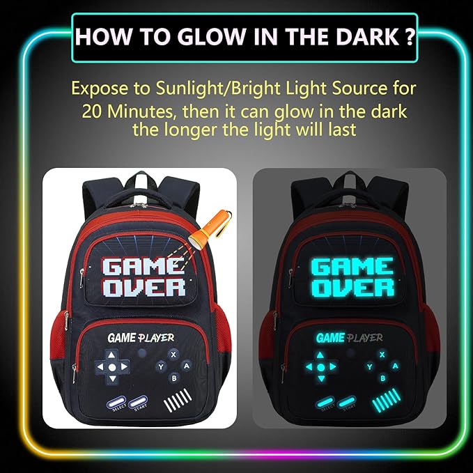 Boys Backpack with Lunch Box Glow in Dark Gamer Bookbag Kids Ages 4-12 Kindergarten Elementary Middle School Gaming Backpack, Luminous Gaming Black