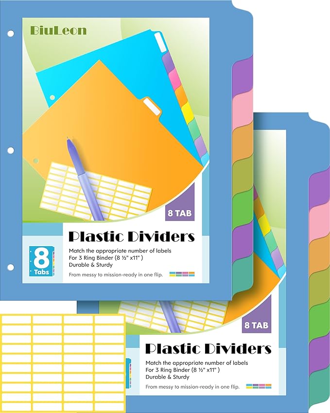 16 PCS 8 Tab Binder Dividers for 3 Ring Binder,Thicken, Write & Erase Reusable Waterproof Plastic Binders for School & Office Files, 2 Set, Extra 40 Labels