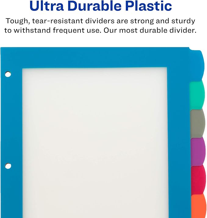 Avery Ultralast Big Tab Plastic Dividers for 3 Ring Binders, 8-Tab Set, Multicolor with White Labels, 1 Set (24901)
