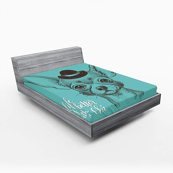 Ambesonne Chihuahua 2 Pack Fitted Sheet, Life is Better with a Chi, Bed Cover All-Round Elastic Deep Pockets 2 Pieces, Package Contains 2 Queen Size Fitted Sheets, Seafoam Taupe and White