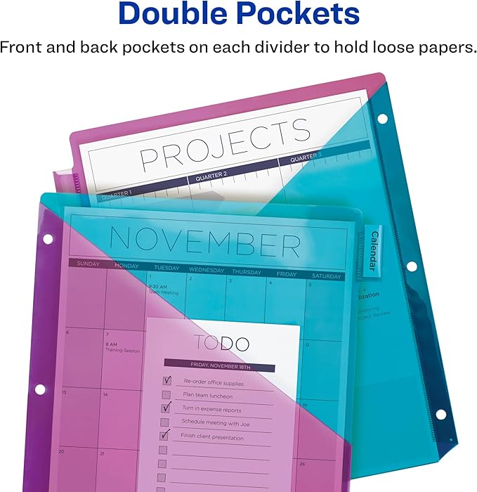 Avery Big Tab Insertable Plastic 2 Pocket Dividers for 3 Ring Binders, 8 Tab Set, Bright Two-Tone Multicolor, Works with Sheet Protectors, 1 Set (11989)