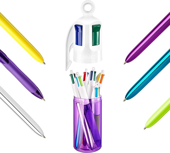 BIC 4 Colours Ball Pens - Purple Pen Holder of 6