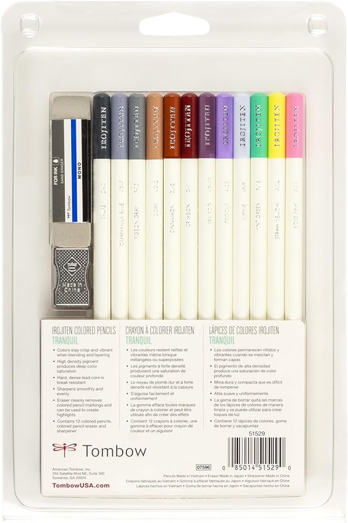 Tombow 51529 Irojiten Colored Pencil Set, Tranquil. Includes 12 Premium Colored Pencils, Sharpener, and Colored Pencil Eraser