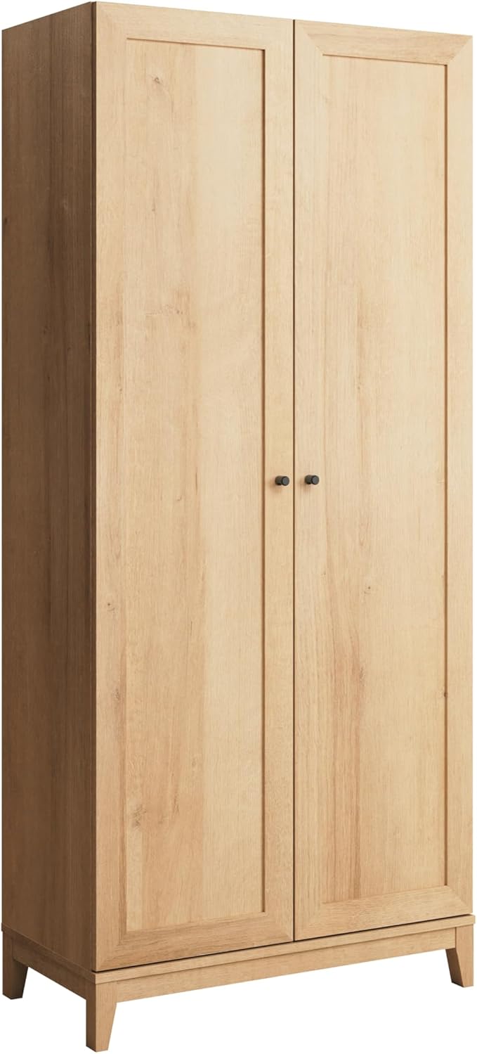 Prepac Yaletown 72" Tall Storage Cabinet with Wood Legs, Pantry Cabinet with 3 Adjustable Shelves, Bathroom, Kitchen and Home Organization in Natural Oak, 16" D x 32" W x 72" H